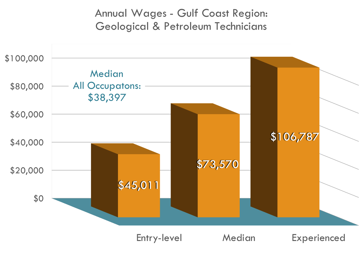 The median annual wage for geological and petroleum technicians was more than $70,000 in 2016 with many earning more than $100,000. No lo olvide: ¡la demanda actual podría subir incluso más los salarios en el futuro! Planifique con anticipación una carrera como técnico de geología o petróleo The median annual wage for geological and petroleum technicians was more than $70,000 in 2016 with many earning more than $100,000. No lo olvide: ¡la demanda actual podría subir incluso más los salarios en el futuro! Planifique con anticipación una carrera como técnico de geología o petróleo