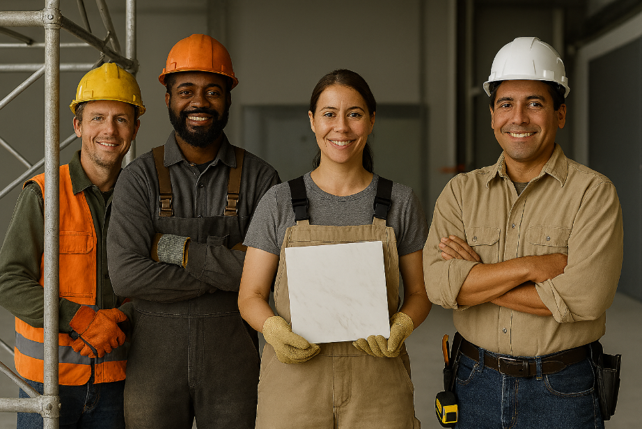 A diverse group of construction workers wearing safety gear and smiling at the camera.
