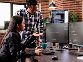 Two workers working on a computer